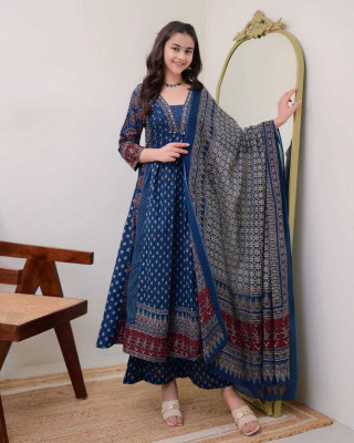 KRASRENAR Girls Festive & Party Kurta, Pyjama & Dupatta Set(Dark Blue Pack of 1)