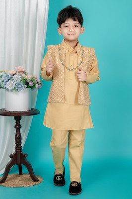 Fizacreation Boys Festive & Party Kurta, Waistcoat and Pyjama Set(Gold Pack of 1)