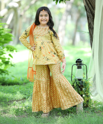 CUTIEKINS Girls Festive & Party Angarkha and Sharara Set(Yellow Pack of 3)