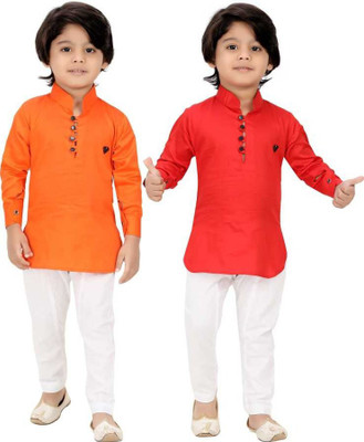 BITU FASHIONS Boys Festive & Party Kurta and Pyjama Set(Orange Pack of 2)