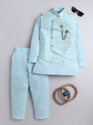 BT DEZINES Boys Festive & Party, Wedding Kurta, Waistcoat and Pyjama Set(Light Blue Pack of 1)