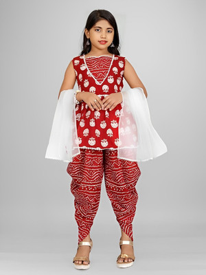 Suhanafashion Girls Festive & Party Kurta, Dhoti Pant & Dupatta Set(Red Pack of 1)