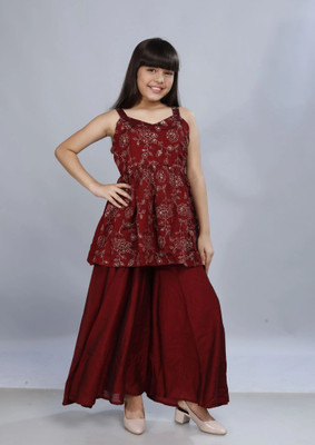 Curly Tales Girls Festive & Party Kurta and Palazzo Set(Maroon Pack of 1)
