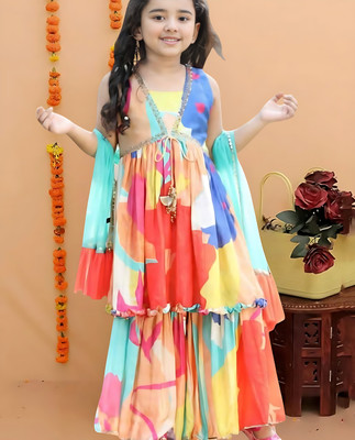 Rania Dresses Girls Festive & Party Kurta and Palazzo Set(Multicolor Pack of 1)