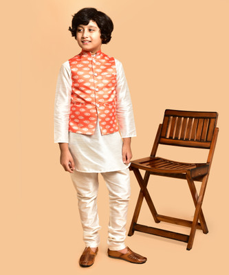 PRINTINIDA Boys Casual Kurta and Pyjama Set(White Pack of 1)