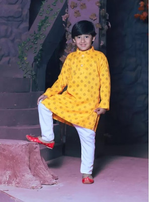 LABELZERO Boys Festive & Party Kurta and Pyjama Set(Yellow Pack of 1)