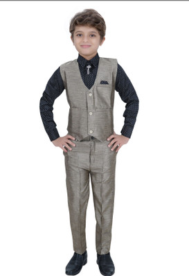 Aceline Boys Festive & Party Shirt, Waistcoat and Pant Set(Blue Pack of 1)
