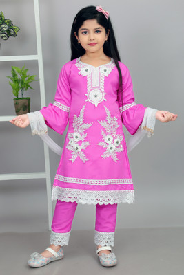 R FASHION Girls Festive & Party Kurta and Churidar Set(Pink Pack of 1)
