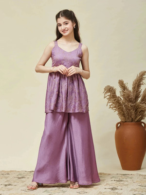 Curly Tales Girls Festive & Party Kurta and Palazzo Set(Purple Pack of 1)