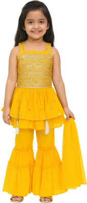 FFION Girls Festive & Party, Casual, Wedding Kurta and Sharara Set(Yellow Pack of 1)