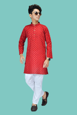 HouseOfCommon Boys Festive & Party Kurta and Pyjama Set(Red Pack of 1)