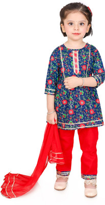 Little Dreams Girls Festive & Party Kurta and Dupatta Set(Blue Pack of 1)