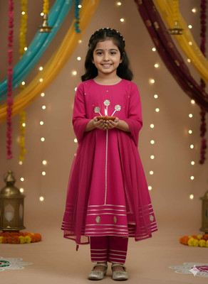 Pari Mahal Girls Festive & Party Kurta and Pyjama Set(Pink Pack of 1)
