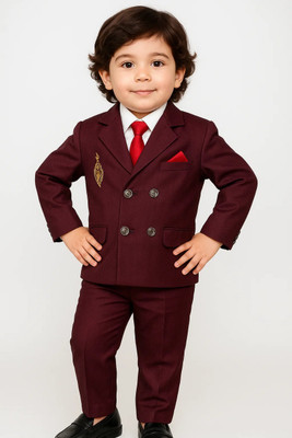 ANSHI COLLECTIONS Boys Festive & Party, Wedding Blazer, Shirt and Trouser Set(Maroon Pack of 1)