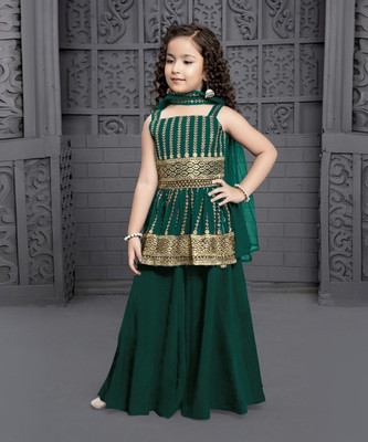 MD Enterprise Girls Wedding Kurta and Palazzo Set(Green Pack of 1)