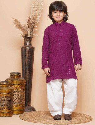 nidhikishan Boys Festive & Party Kurta and Pyjama Set(Purple Pack of 1)