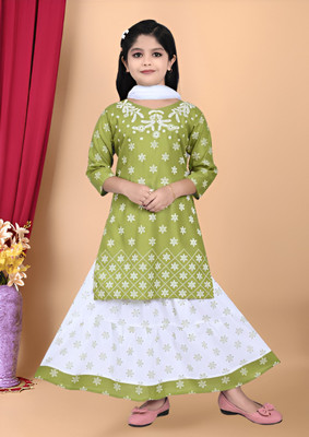 ejarul Girls Casual Kurta and Skirt Set(Green Pack of 1)