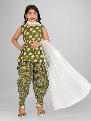 Suhanafashion Girls Casual Kurta, Dhoti Pant & Dupatta Set(Green Pack of 1)