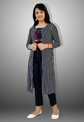PERFECTPIVOT Girls Festive & Party Ethnic Jacket, Kurta and Palazzo Set(Dark Blue Pack of 1)