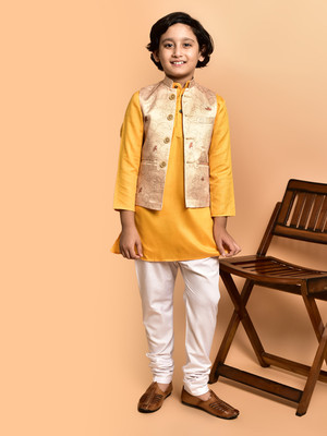 PRINTCULTR Boys Festive & Party Kurta, Waistcoat and Pyjama Set(Yellow Pack of 3)