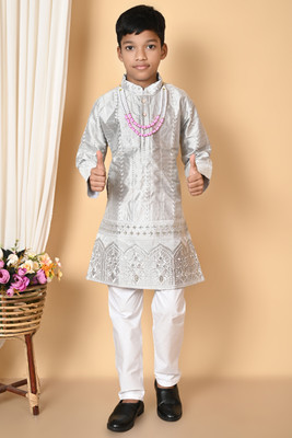 Bright Garments Dresses Boys Festive & Party Kurta and Pyjama Set(Silver Pack of 1)
