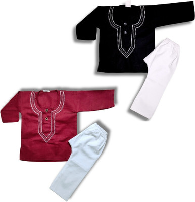 HouseOfCommon Baby Boys Casual Kurta and Pyjama Set(Maroon Pack of 2)