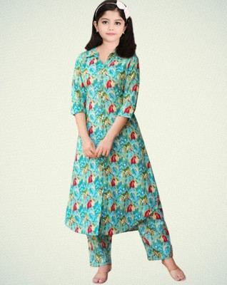 Vetrokart Girls Festive & Party Kurta and Trouser Set(Green Pack of 1)