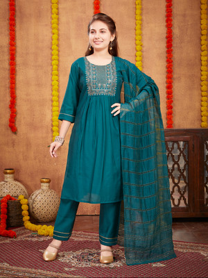 Aarika Girls Festive & Party Kurta and Trouser Set(Dark Green Pack of 1)