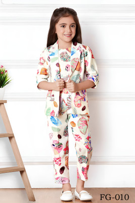 Harekrishna creation Girls Festive & Party Blazer, Shirt and Trouser Set(White Pack of 1)