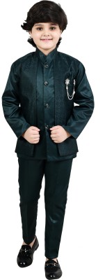 Prabhuratan Boys Festive & Party Blazer and Pant Set(Green Pack of 1)