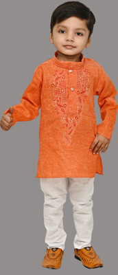 Oxipital Club Boys Festive & Party Kurta and Pyjama Set(Orange Pack of 1)