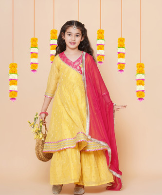 Bitiya By Bhama Girls Festive & Party Kurta and Trouser Set(Yellow Pack of 2)