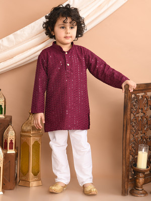 Superminis Boys Festive & Party Kurta and Pyjama Set(Maroon Pack of 1)