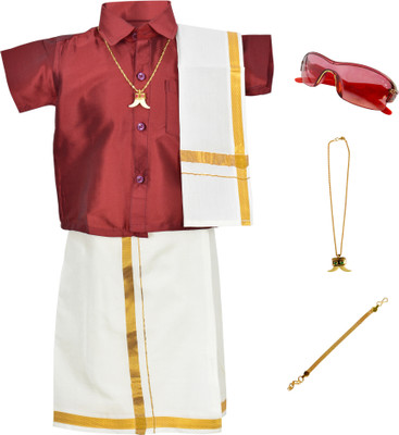 KIDSFASHION Boys Festive & Party Shirt & Dhoti Set(Maroon Pack of 1)