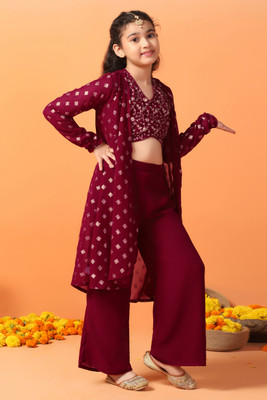 Tasrika Girls Festive & Party Ethnic Jacket, Blouse and Palazzo Set(Maroon Pack of 1)