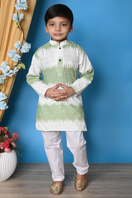 SelfiCollection Boys Festive & Party Kurta and Pyjama Set(Green Pack of 1)