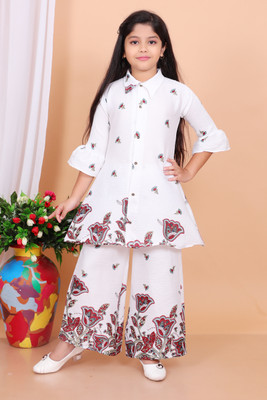 LAMMI SANVI FASHION Girls Festive & Party Kurta and Palazzo Set(White Pack of 1)