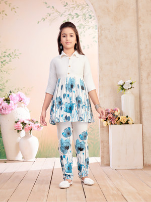 Aarika Girls Festive & Party Kurta and Trouser Set(White Pack of 1)