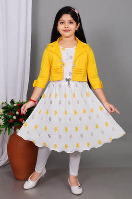 KajolGarments Girls Festive & Party Ethnic Jacket, Kurta and Legging Set(Yellow Pack of 1)