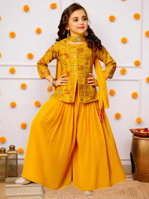 ANGEL PROPRIETOR Girls Festive & Party Kurta and Palazzo Set(Yellow Pack of 1)