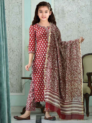 Vetrokart Girls Casual Churidar and Dupatta Set(Maroon Pack of 1)