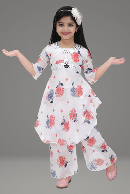 Kgn Garments Girls Festive & Party Kurta and Palazzo Set(White Pack of 1)