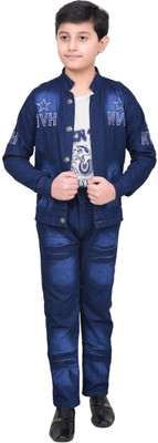 NVH Boys Casual, Festive & Party Shirt, Waistcoat and Pant Set(Blue Pack of 1)