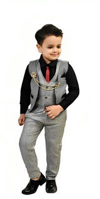 Go Berry Boys Festive & Party Shirt, Waistcoat and Pant Set(Black Pack of 1)