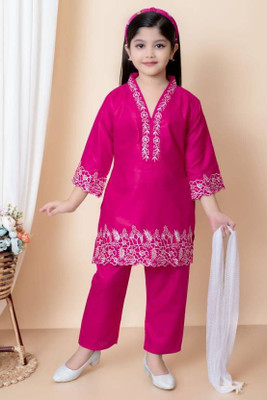 Sopriya Girls Festive & Party Kurta and Palazzo Set(Pink Pack of 1)