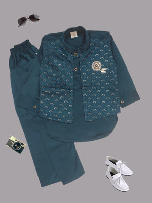 HPN CLOTHING Boys Festive & Party, Wedding Kurta, Waistcoat and Pyjama Set(Blue Pack of 1)