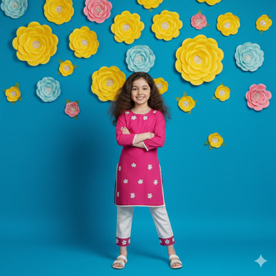 FLEXAA Girls Festive & Party, Casual, Formal, Wedding Kurta and Trouser Set(Pink Pack of 1)