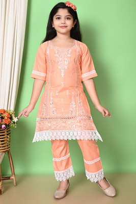firstchoice creation Girls Casual Kurta and Pyjama Set(Orange Pack of 1)