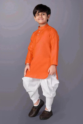 Liten Boys Festive & Party Dhoti & Kurta Set(Orange Pack of 1)