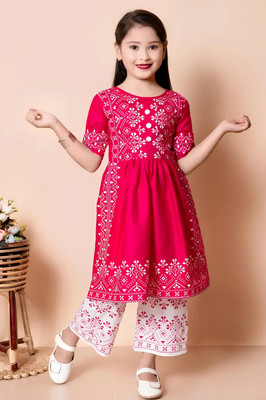Tkameez Girls Festive & Party Kurta and Palazzo Set(Multicolor Pack of 1)